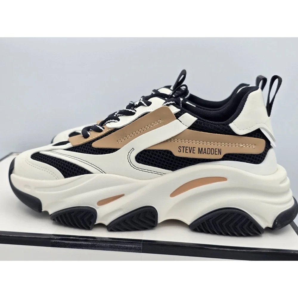 Steve Madden Possession Comfort‎ Lace-Up Mesh Sneakers Black Tan Sz 6.5 M